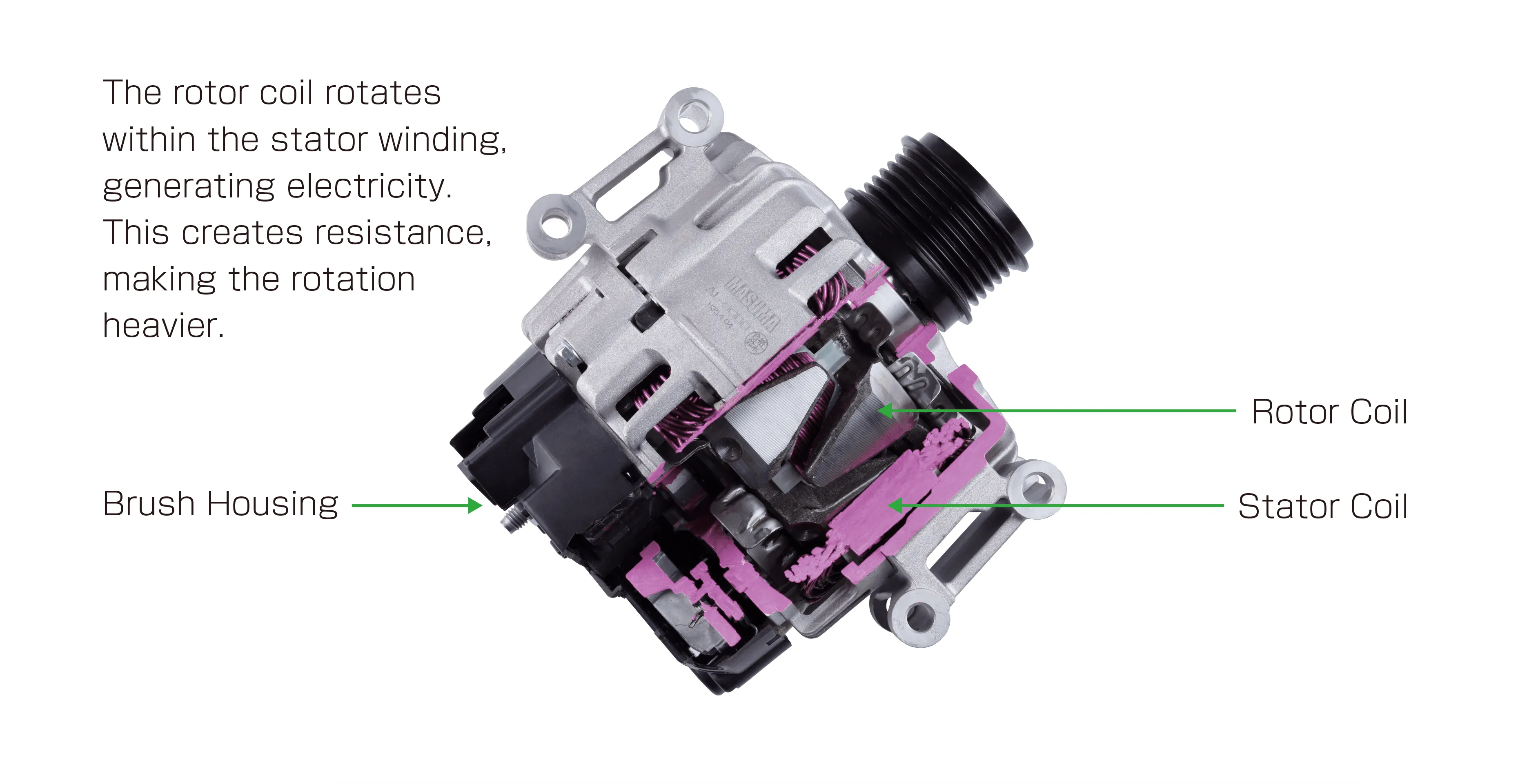 MASUMA automotive alternator cross-section view showing rotor coil and stator coil engineering
