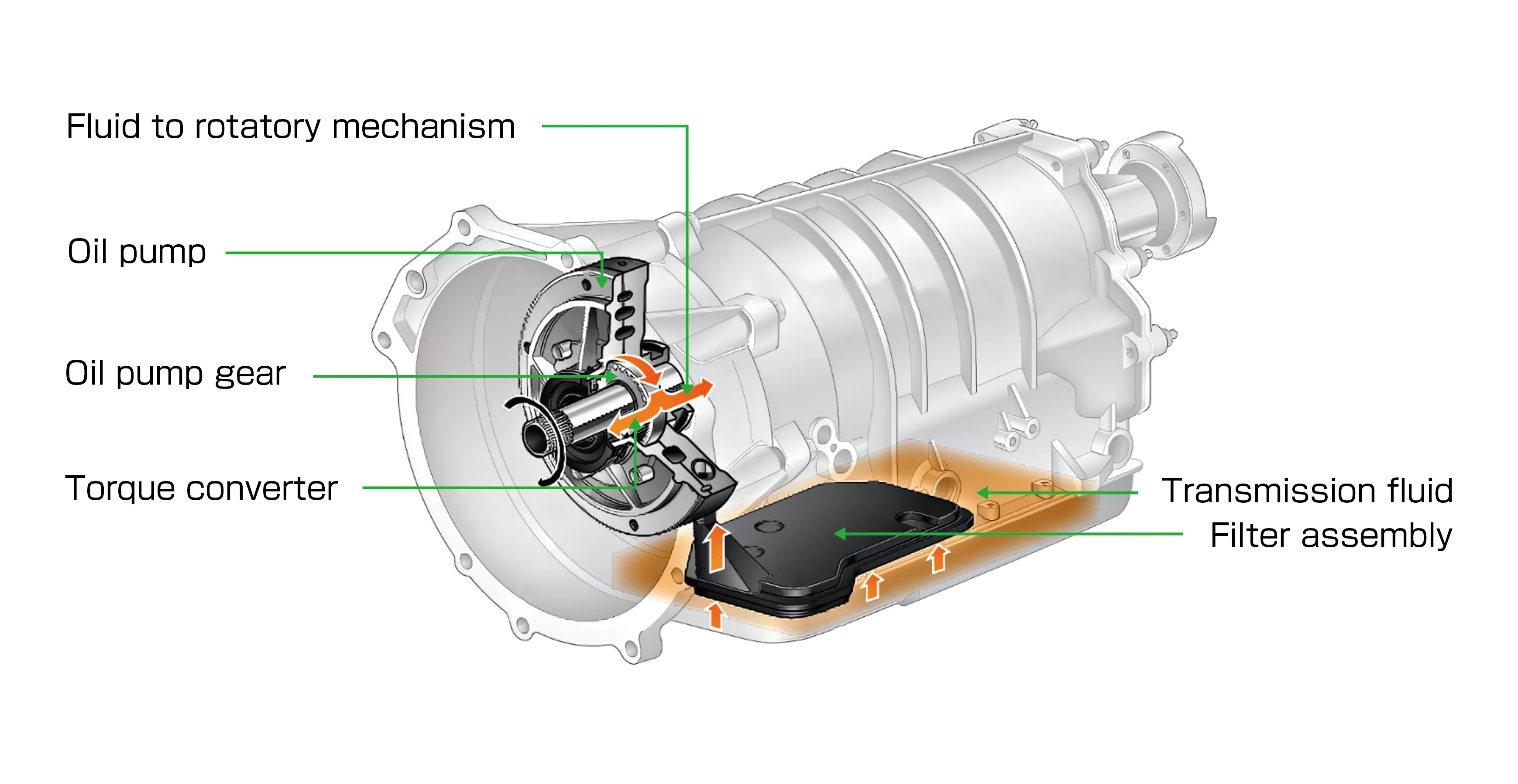 Transmission fluid circuit, oil pump, and filter assembly diagram